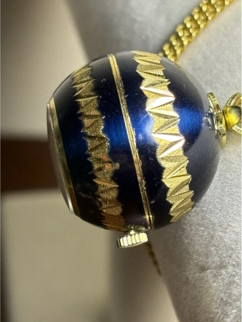 Vtg Bucherer Swiss Blue Enamel Orb Ball Pendant Watch Gold Tone Dial Running